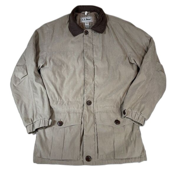 LL BEAN VTG 90s Men's Small Barn Coat Primaloft Plaid Lined Beige Synthetic Down - Picture 1 of 14